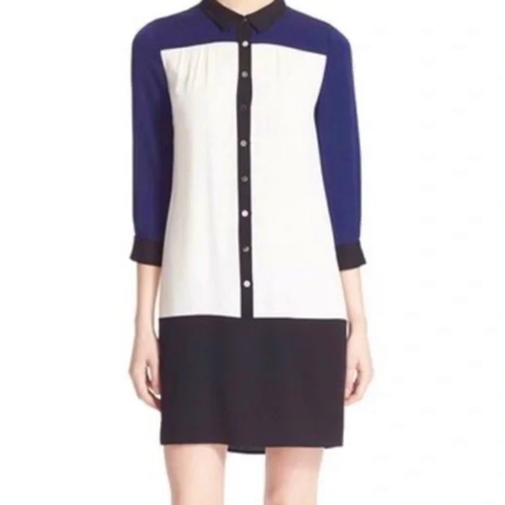 Diane Von Furstenberg Blue, White & Black Colorblock Silk Shirt Dress size4